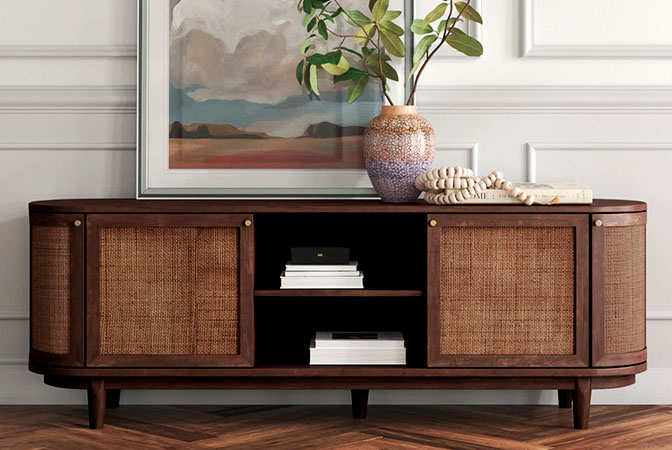 Curved Brown TV Console with shelves and cabinets