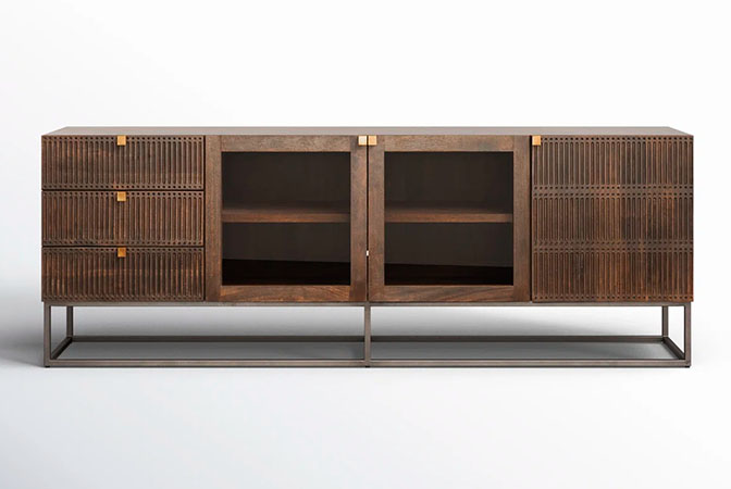 Wooden Media Console with glass doors and drawers