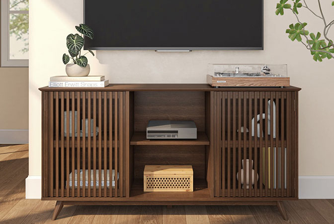 Mid-century modern TV console with shelves and two doors