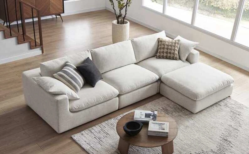 Sofa with ottoman ant throw pillows
