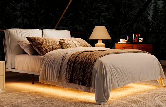 Povison furniture: bed frame with bedding and nighstand