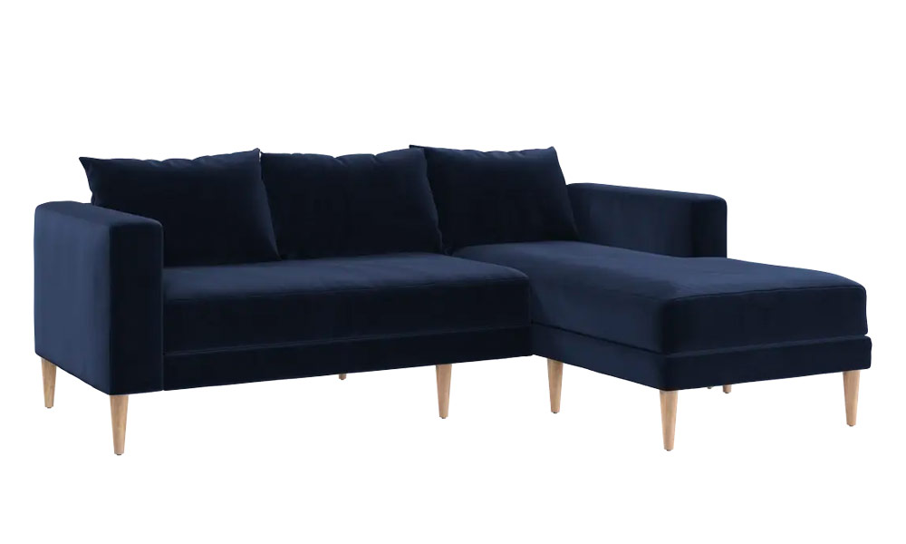 Blue velvet sofa with wooden legs