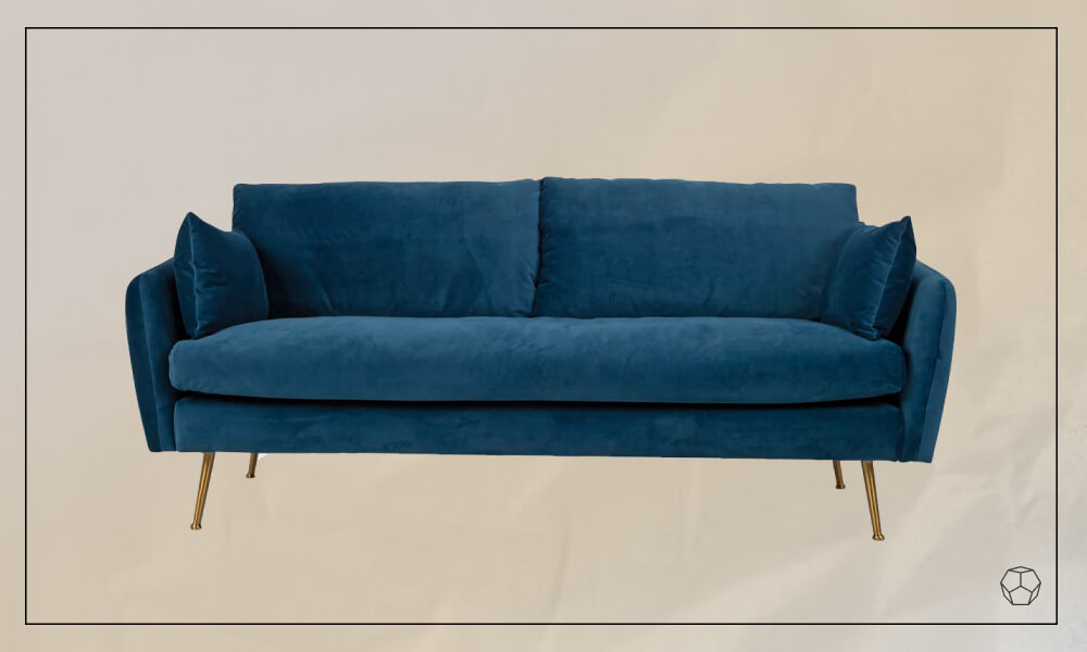 Blue velvet upholtered sofa with wooden legs