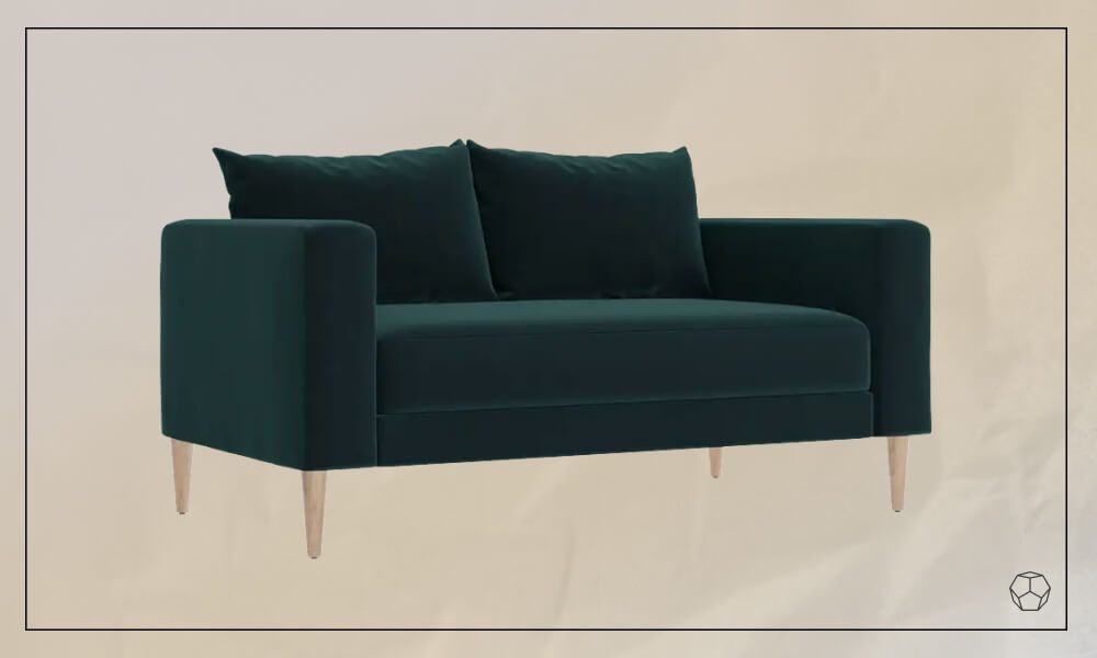Dark green velvet loveseat with light wooden legs