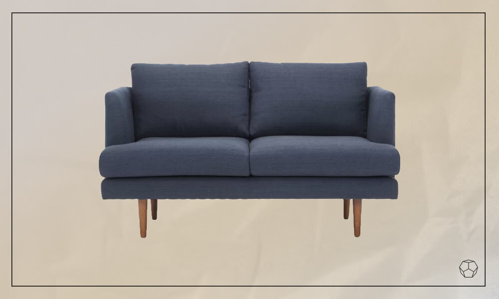 Grey upholstered Loveseat with wooden legs