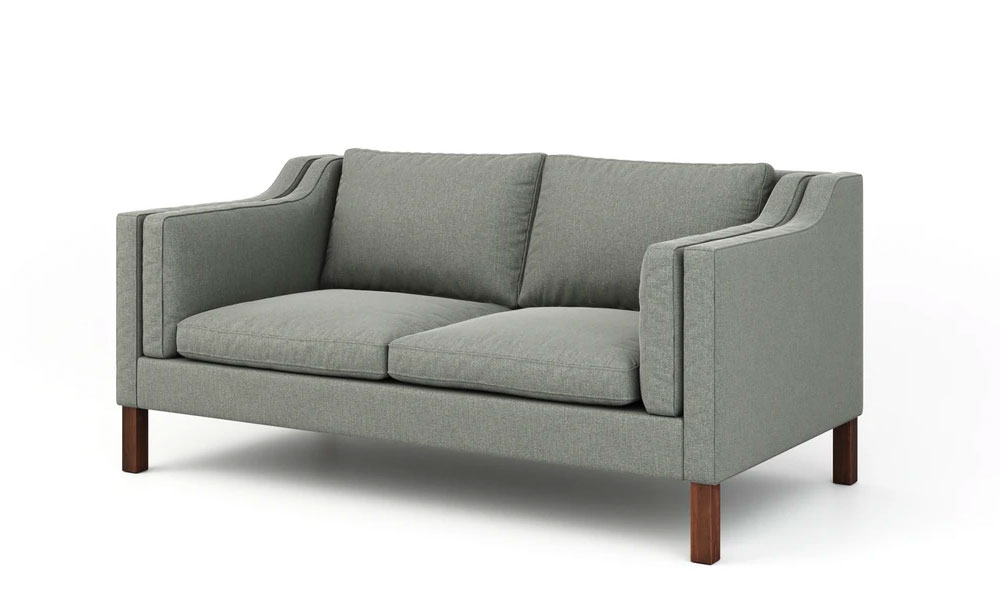 grey upholstered loveseat with a modern design and wooden legs