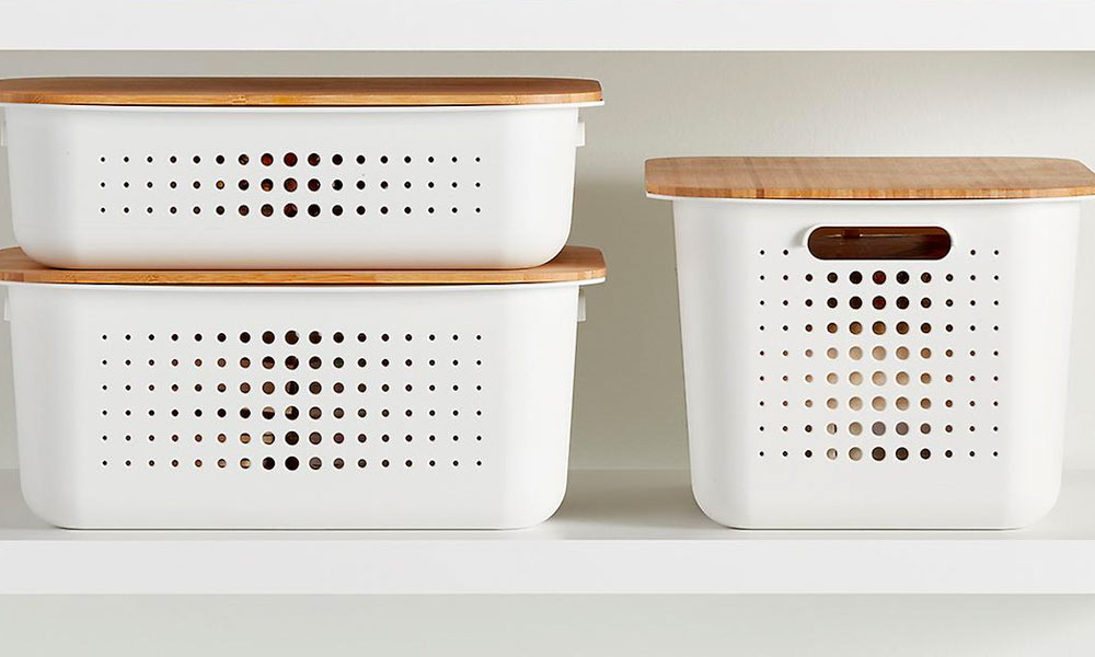 White Nordic Storage Baskets With Handles and wooden cover
