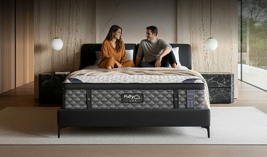 Luxury Pluffy Mattress and happy couple on it