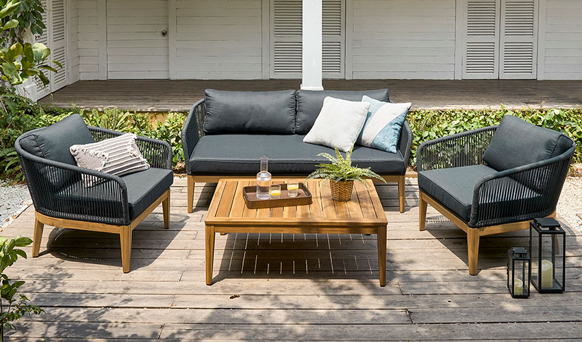 Black Outdoor Loveseat with teak table