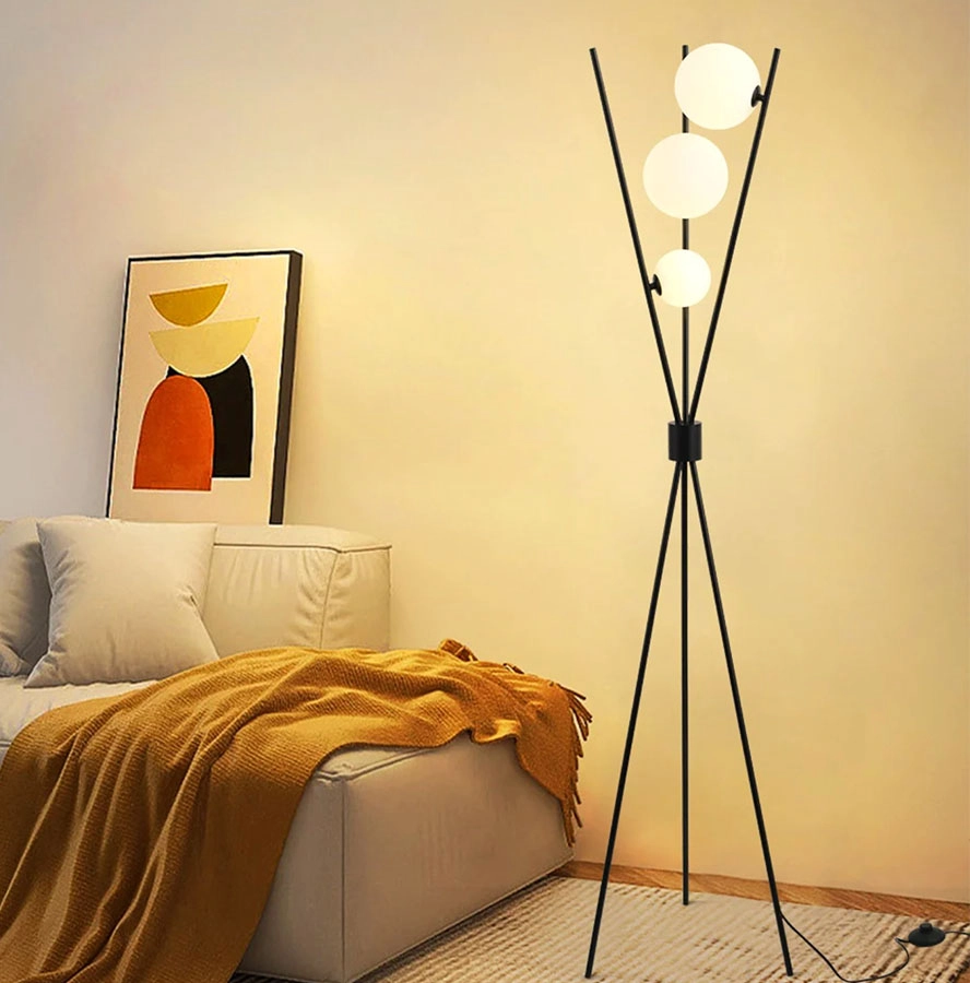 3-Light Black Modern Tripod Floor Lamp Bedroom Bedside Standing Light with Glass Shade