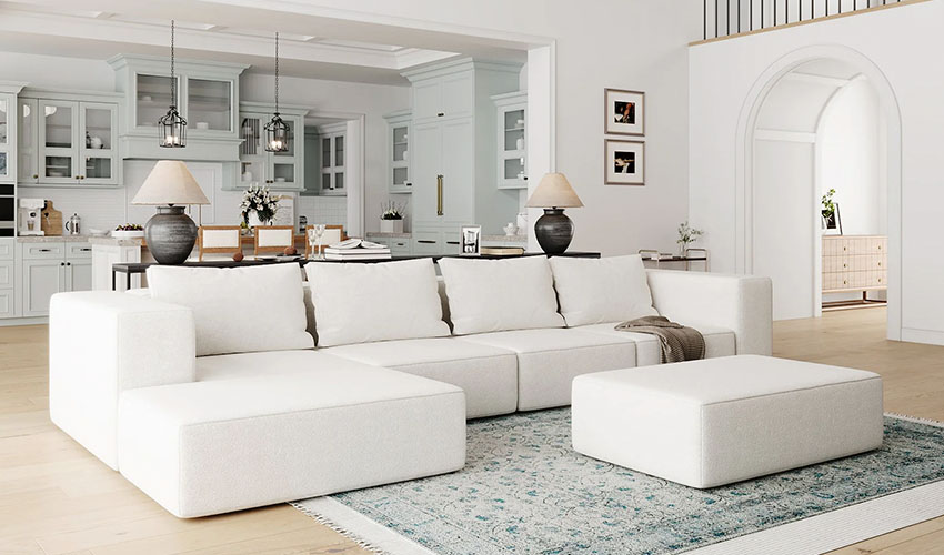 L-Shaped Slipcover Modular Reversible Floor Sectional with ottoman