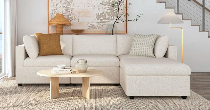 Modular Sofa in a room with throw pillows and wooden coffee table