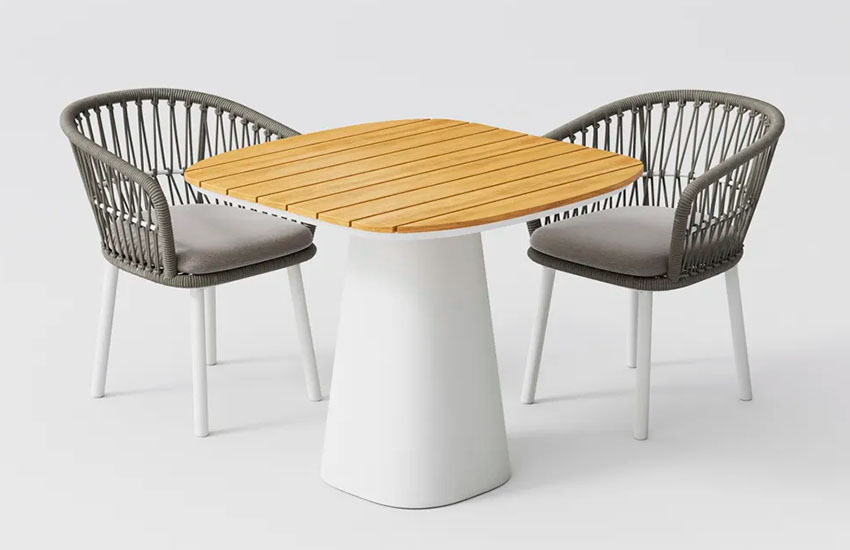Hand woven all weater weaker chairs and table with aluminum base and teak top