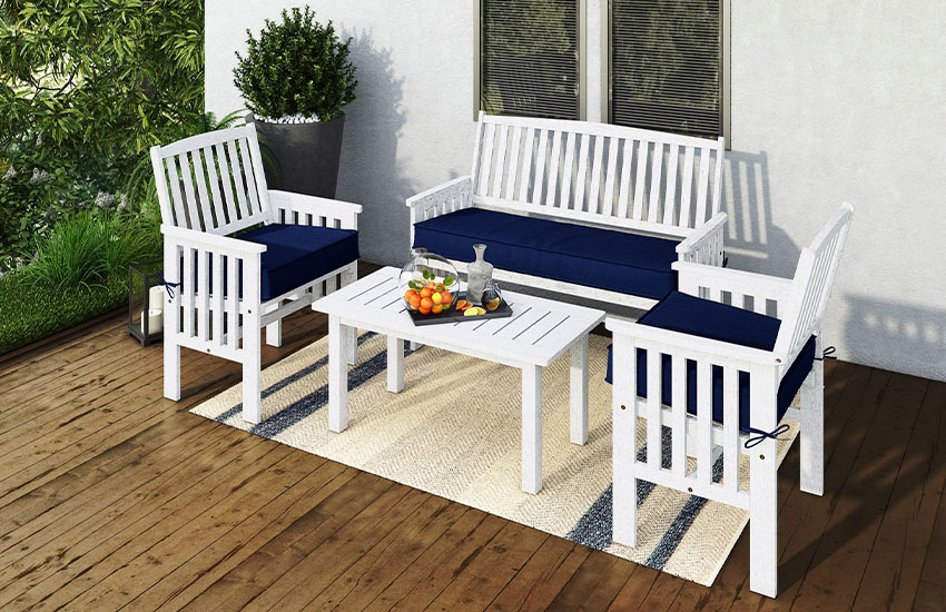 Wooden White patio set with blue cushions