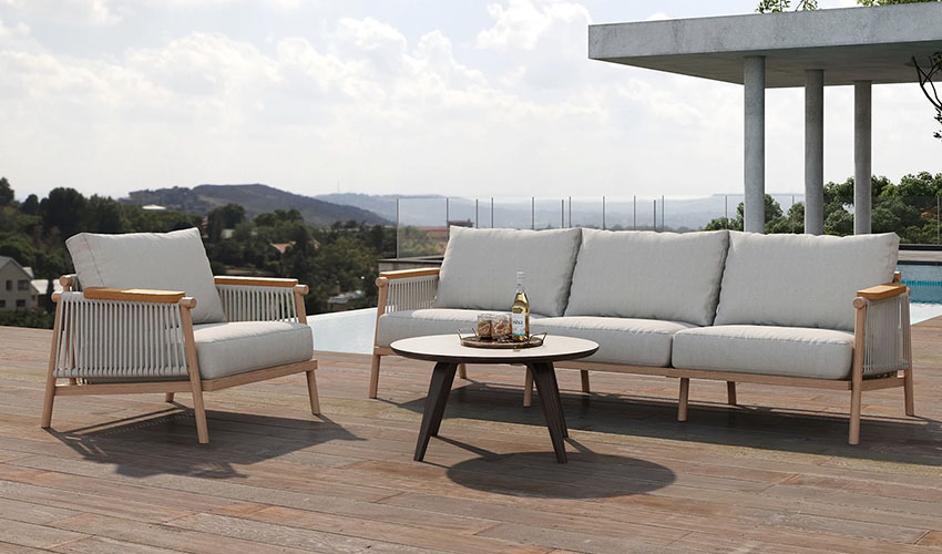 Teak outdoor sofa and coffee table