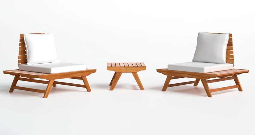 Two wooden Patio Chairs with Cushions and Table