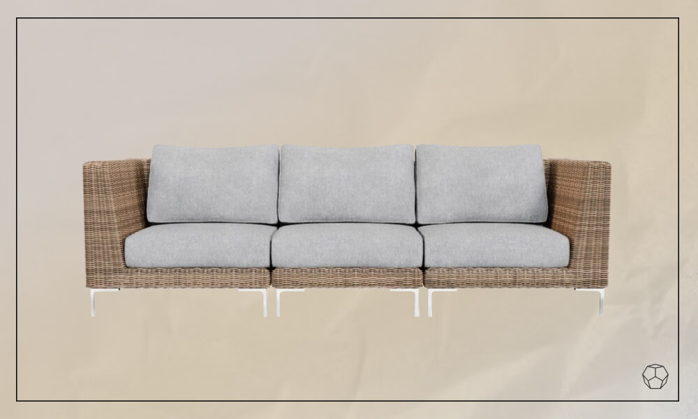 Brown Wicker Outdoor Sofa with whit elegs and light grey cushions