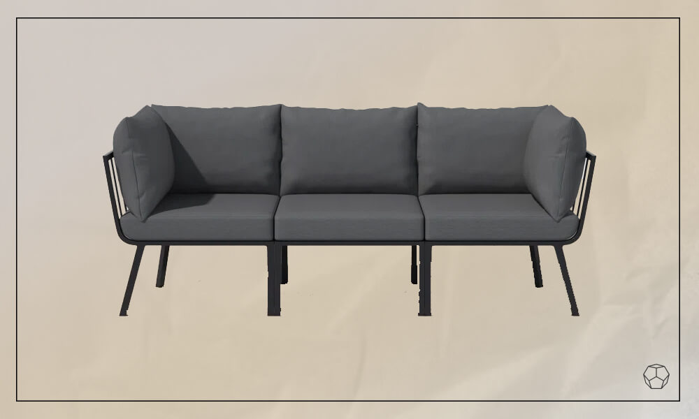 Black aluminum framed sofa with dark grey cushions