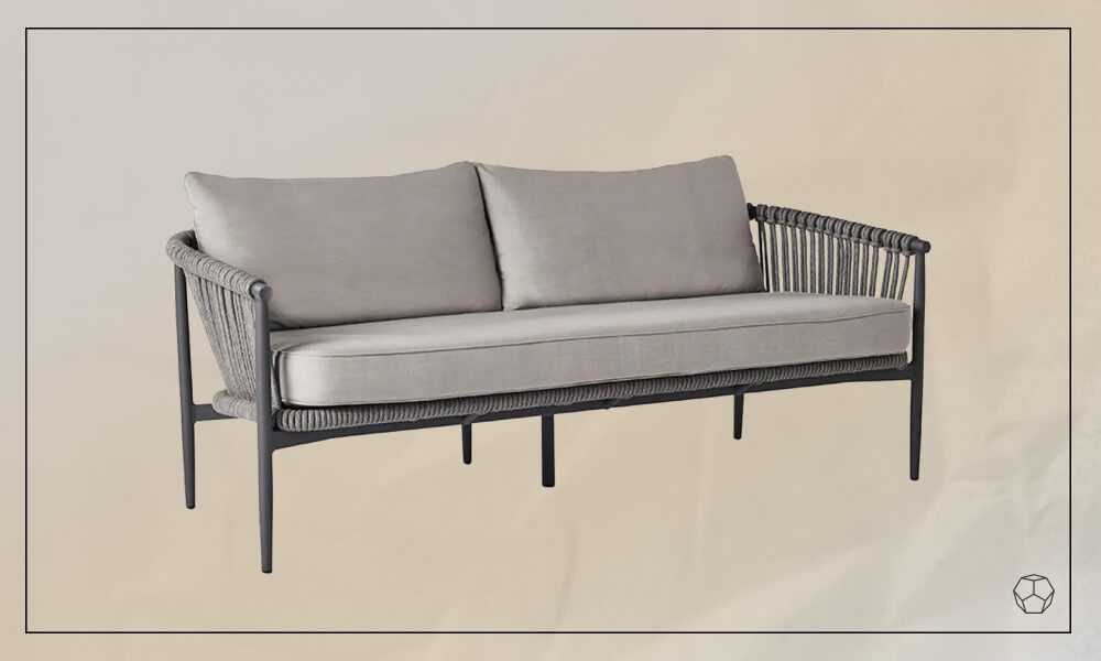 A contemporary outdoor sofa with a gray cushion, perfect for relaxing in the open air.