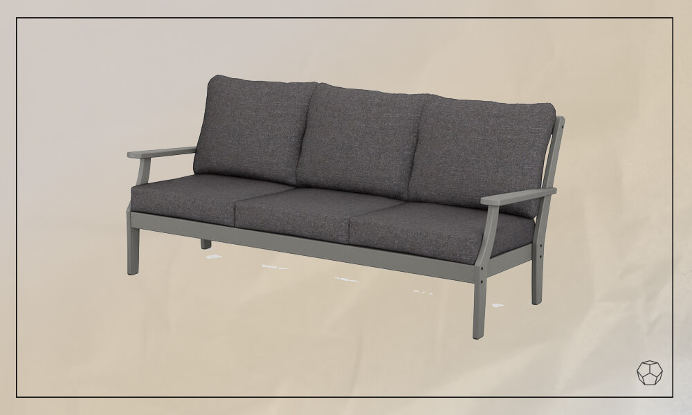 Grey aluminum frame sofa with grey cushions