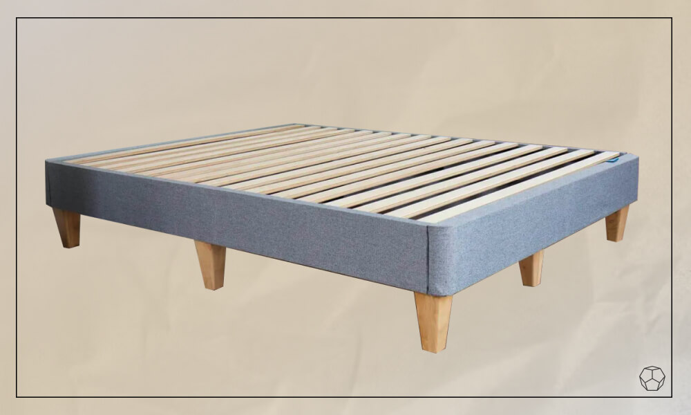 Grey upholstered platform bed with wooden legs