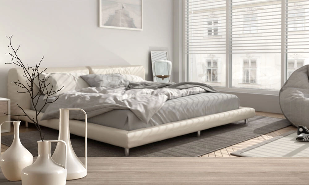 Platform Bed in a Bedroom with white and grey color palette decor