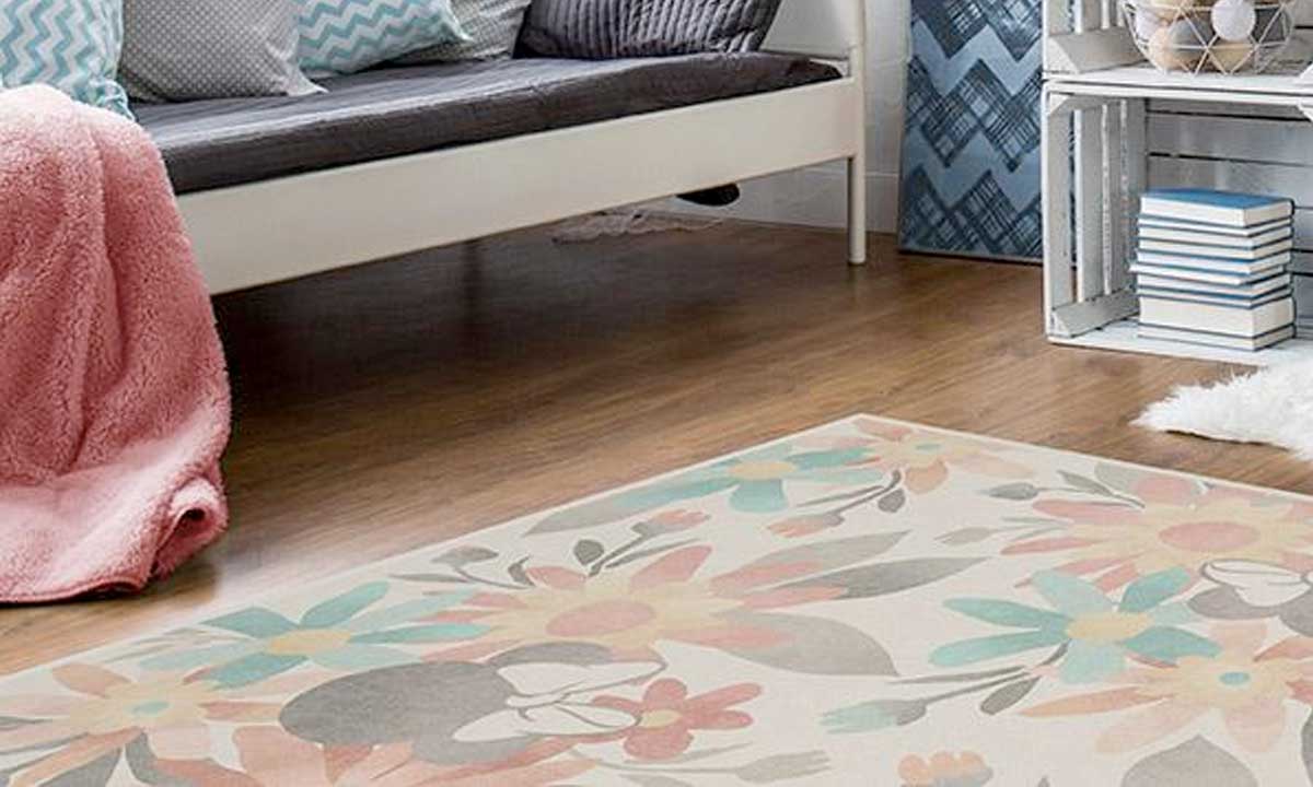 Floral Multicolor Rug in a living room near a gray sofa
