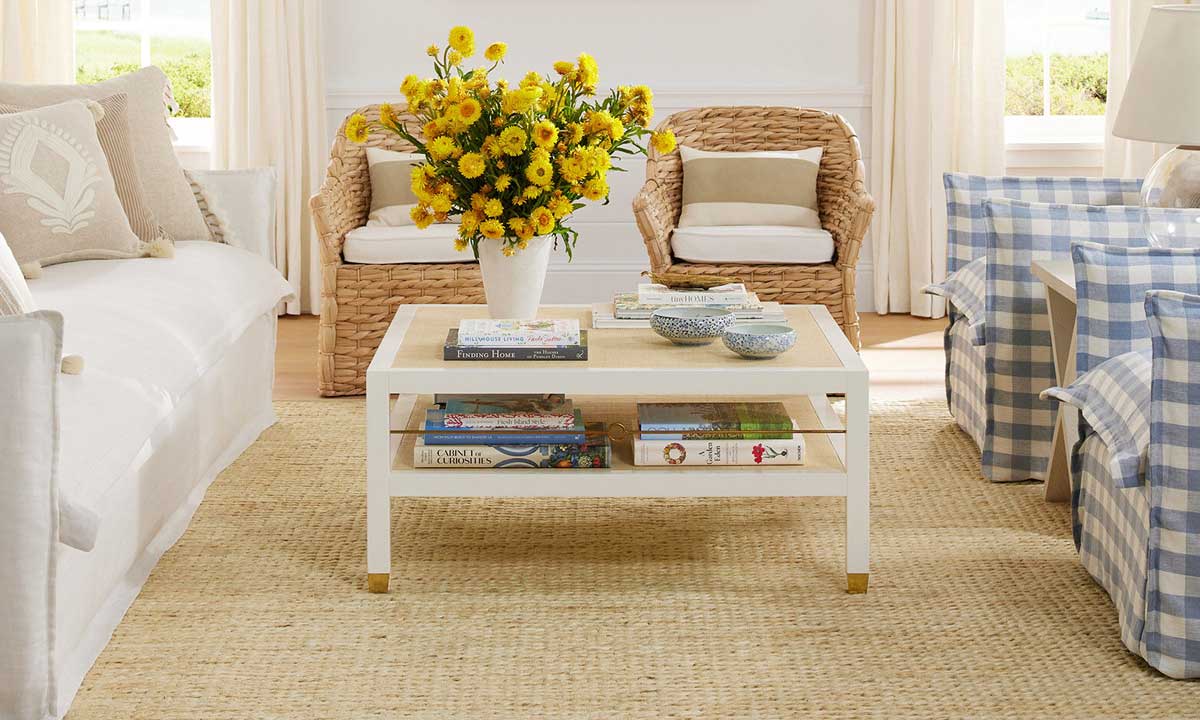 Natural fiber rug in a living room with a white couch