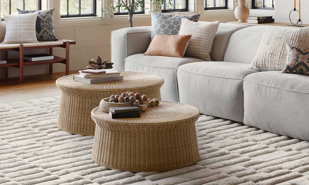 White Wool Area Rug in a liivng room with a light gray sofa with textured throw cushions