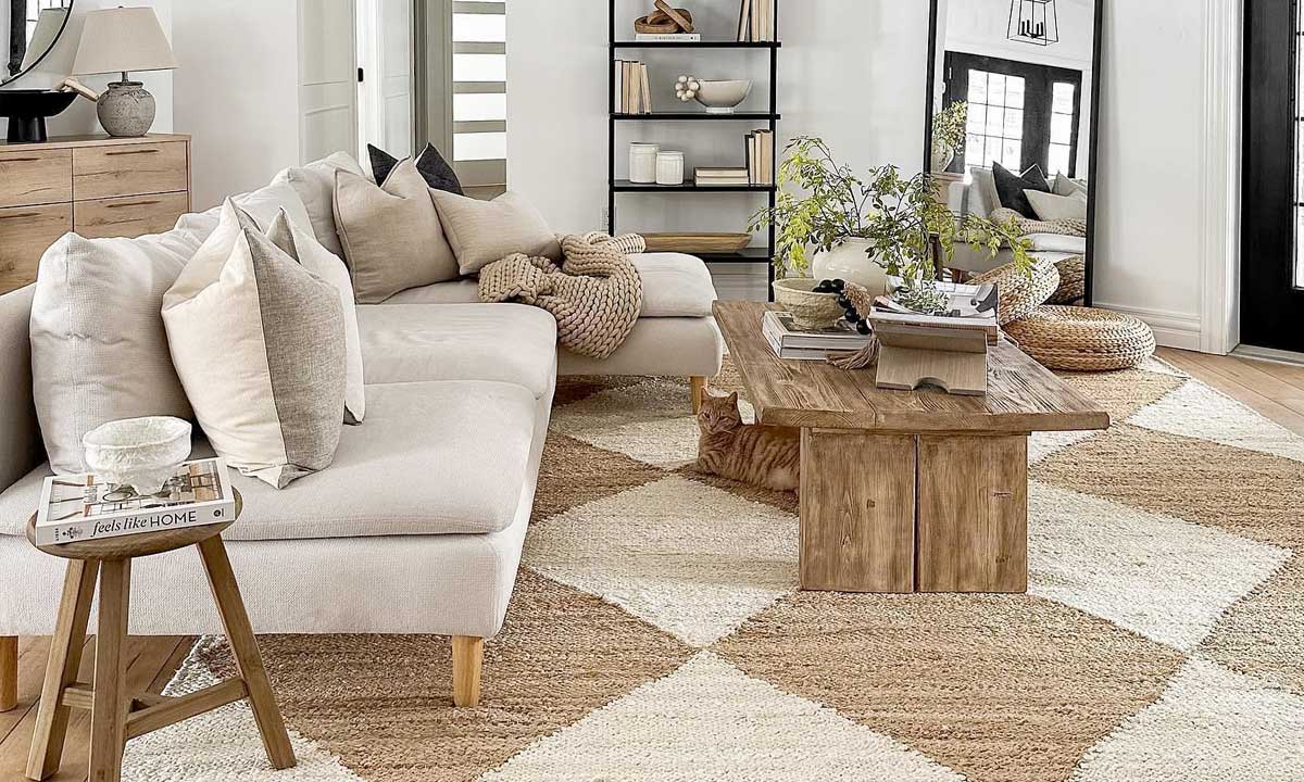Ivory Jute Harlequin Trellis Area Rug in a living room with a light gray sofa with cushions