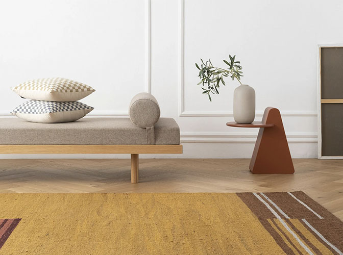 Minimalist, midcentury rug with art deco elements