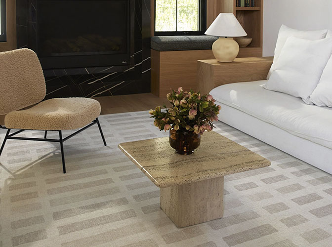 Rug with geometric swuares in a ivory and yellow color pallette