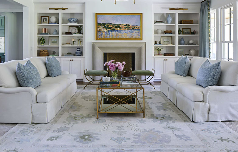 Modern Rug with floral motif in soothing shades of sage, and sky blue