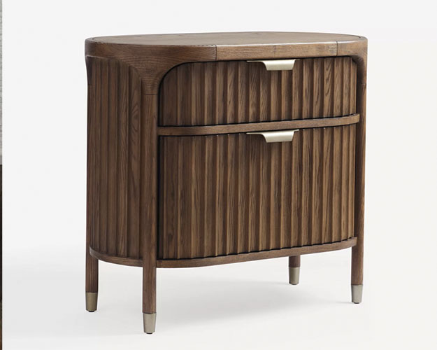 Wooden Beige nightstand with two tasseled drawers and brown legs