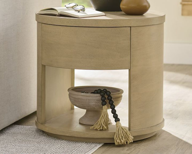 Natural modern cylindrical nightstand including a slide-to-close drawer and a bottom shelf
