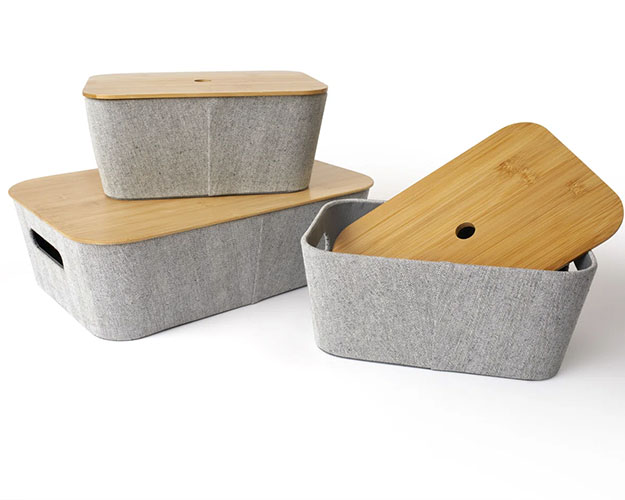 two grey baskets with wooden lids