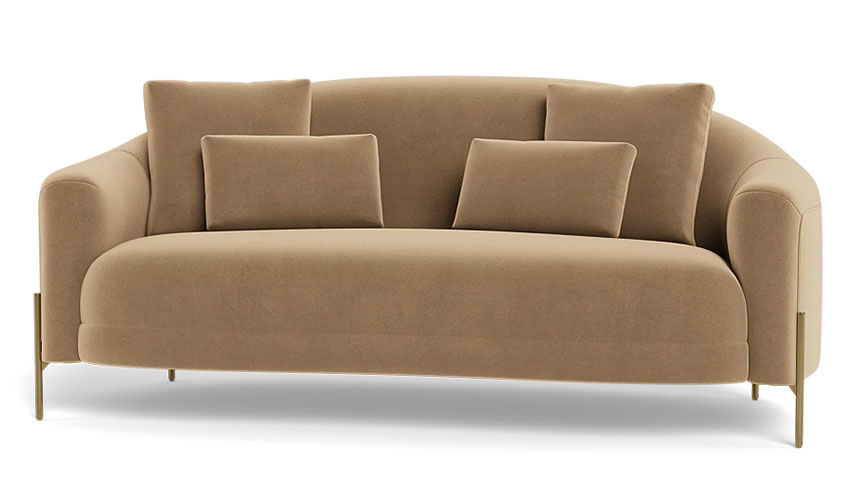 Camel velvet curved sofa with metal legs