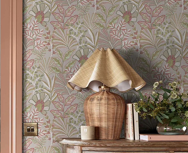 Vendura Weave Wallpaper in a room with table lamp