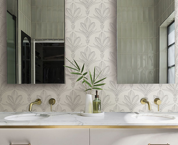 Bathroom with Grey Wallpaper