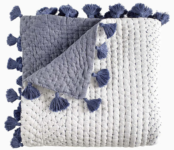 White and blue cotton throw blanket with tassels
