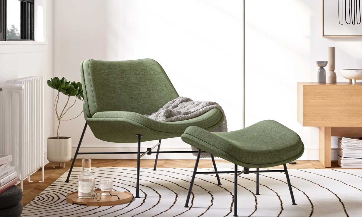 Green Lounge Chair with black metal legs in a modern living space
