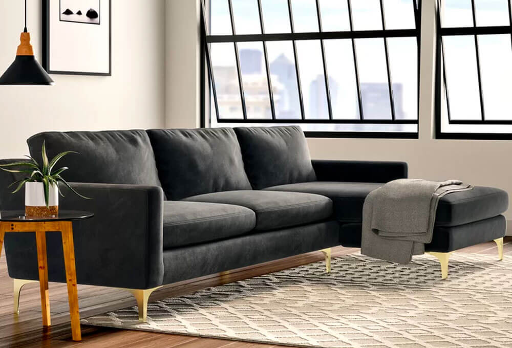 Sofa in Velvet Upholstery with metal legs