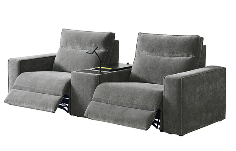 3-piece grey upholstered microfiber recliner loveseat with a built-in console