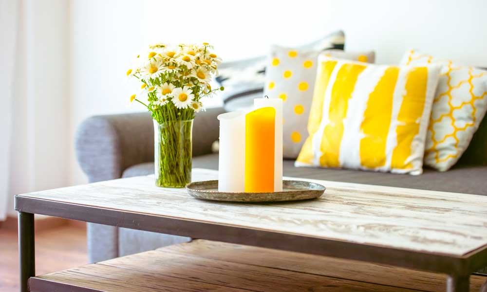 Coffee Table with yellow and white candles
