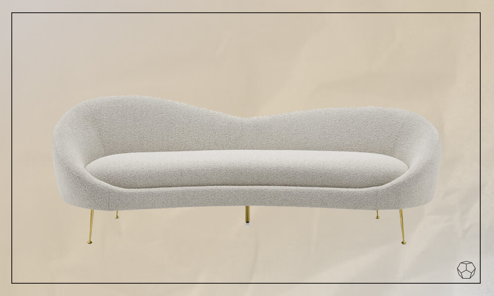 White Performance Bouclé Sofa with a curved retro design and golden thin legs