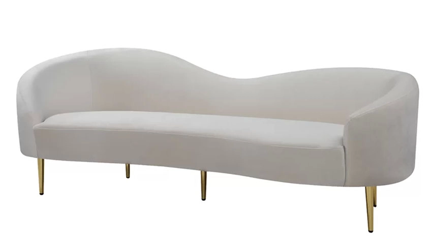 High-low back profile sofa in white upholstery and a retro curved design with golden legs