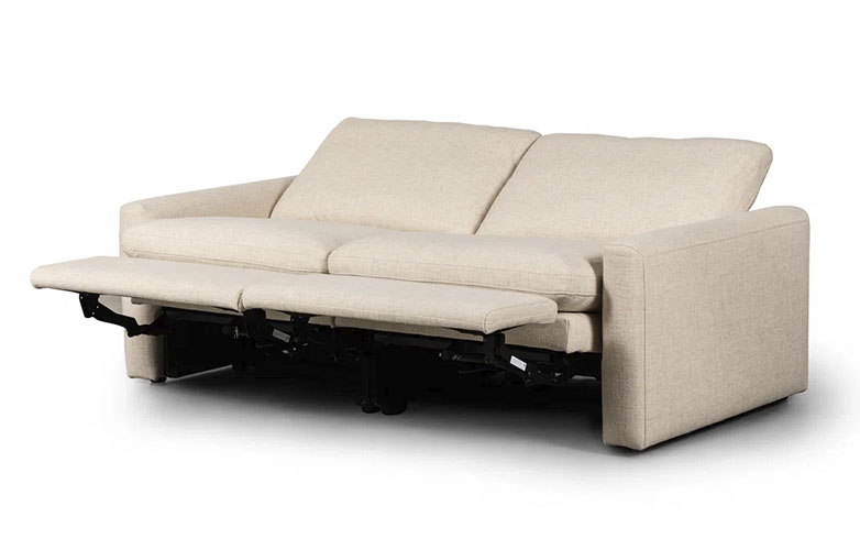 Two seater beige upholstered reclining sofa