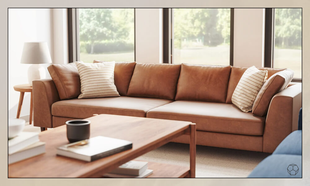 Brown leather sofa with four throw pillows in a bright living room with a wooden coffee table