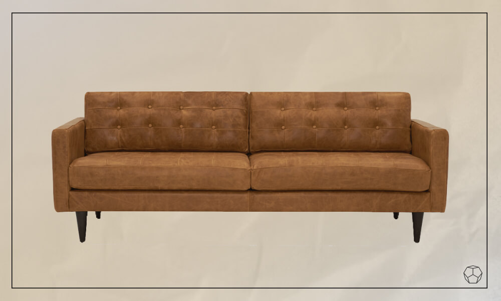 Brown leather sofa with wooden legs, the seat back is chesterfield style.
