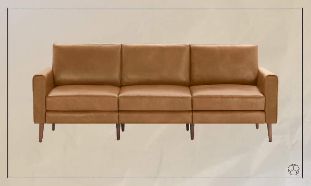 Brown leather sofa with three seats and wooden legs